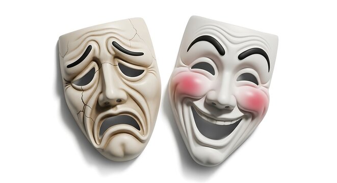 Comedy and tragedy masks symbolizing theater and drama on a white background.