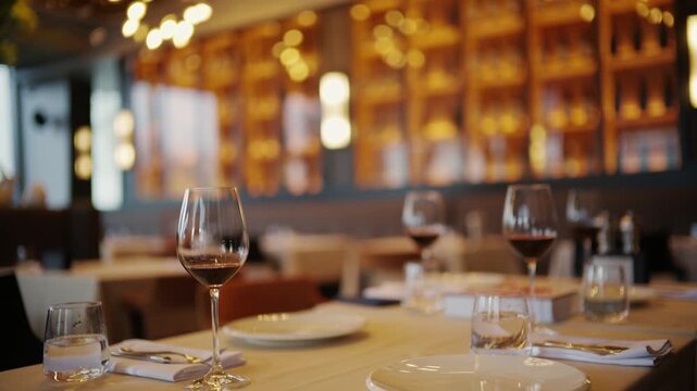 Elegant restaurant table setup with multiple wine glasses, plates, and warm ambient lighting