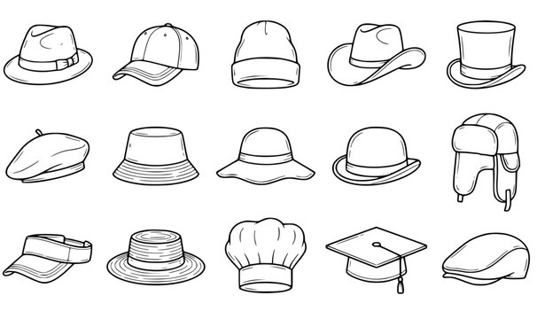 15 Black and White Hat Line Art Vector Set with Classic Modern and Casual Headwear Collection