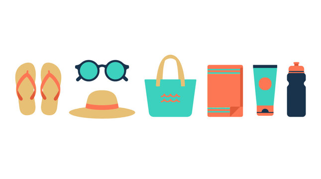 Set of colorful summer beach accessories and travel items.