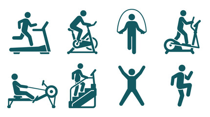 Collection of fitness icons depicting various exercise activities such as running, cycling, and jumping rope © Rujak