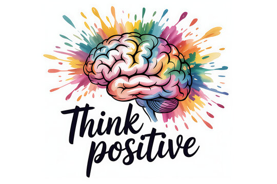 A colorful illustration of a brain with vibrant splashes and the words Think positive written below