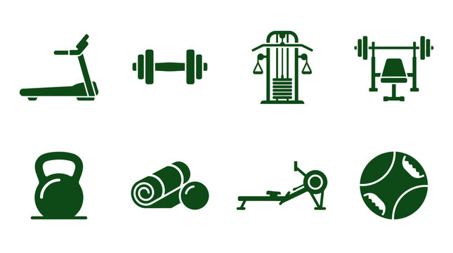 Collection of gym equipment icons including treadmill, weights, and exercise mats on a white background