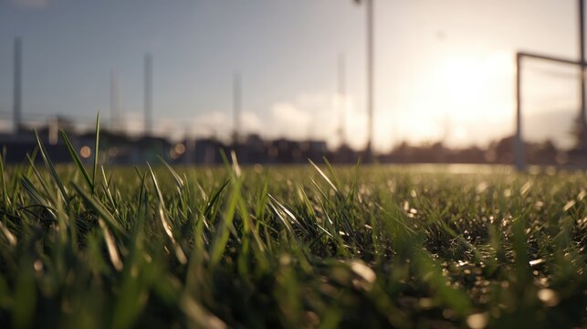 Low-angle view of a soccer field with vivid green grass in sharp focus and soft background blur toward the goal.