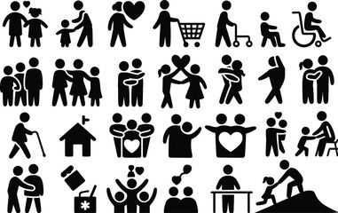 Family support silhouettes, caregiving icons, compassion, love, community, medical assistance, wheelchair, hugging, dancing, celebrating together, unity, joy
