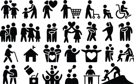 Family support silhouettes, caregiving icons, compassion, love, community, medical assistance, wheelchair, hugging, dancing, celebrating together, unity, joy