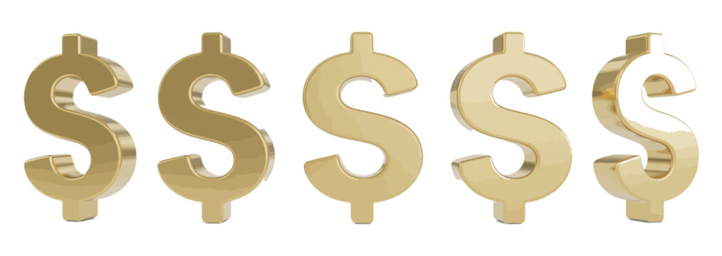 Set of five shiny golden dollar currency symbols isolated on a clean white background