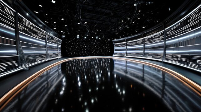 A futuristic 3D virtual studio with glowing LED walls, reflective floors, and dynamic lighting in a sleek professional broadcast setting.
