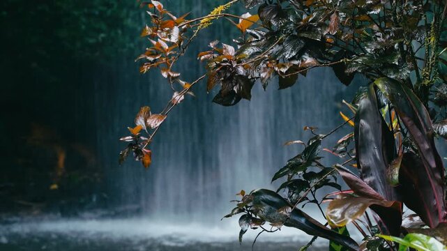 Glossy Leaves In Front Of Waterfall, Moody Tropical Understory Scene With Plunge Pool And Drifting Mist, Wet Reflective Foliage And Deep Green Backdrop, Cinematic Spray And Shadowed