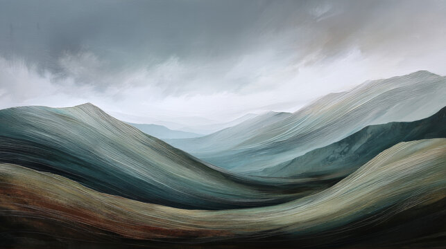 Contemporary abstract art inspired by nature, flowing wind-like strokes, mountain silhouettes embedded in texture, earthy greens and browns, soft atmospheric depth. 