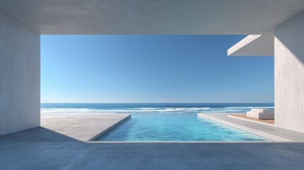 Fototapeta premium A luxury beach house terrace with a swimming pool and sea view, empty concrete floor for display, bright 3D illustration of a modern vacation resort.