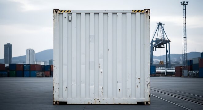 Empty shipping container at a port terminal with distant cranes and city skyline backdrop