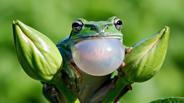 Macro close-up of a vibrant green tree frog with its mouth wide open, perched between two large green flower buds on a stem, featuring detailed skin texture and large dark eyes.