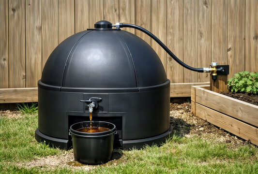Home composter dispensing liquid fertilizer into a bucket.