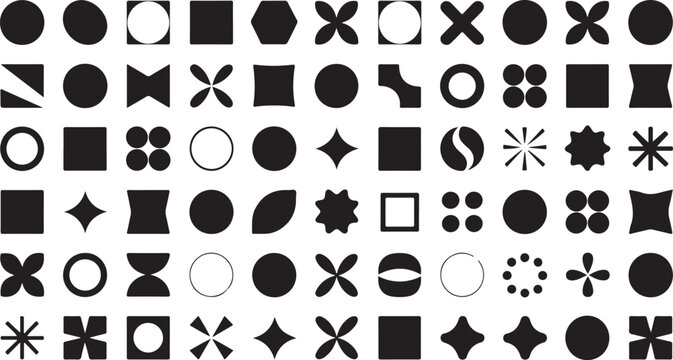 Assorted collection of basic black silhouettes featuring circles squares stars and various abstract geometric shapes