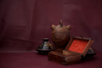Open vintage wooden jewellery box and Traditional ceramic