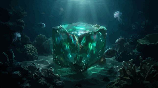 Large Green Crystal Cube Underwater With Fish And Coral Reef For Fantasy And Nature Concepts