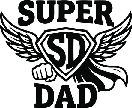 Black and white super dad logo with superhero cape design vector