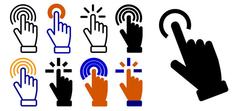 Collection of hand cursor icons, touch screen gestures, interactive pointer set