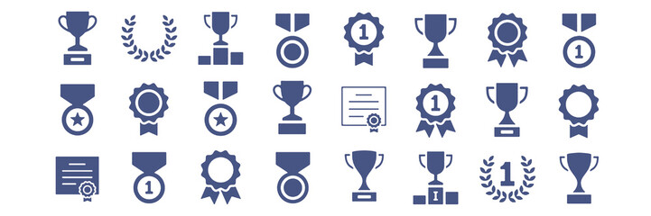 Award and Trophy Cup Icon Set with Winning Medal, Champion and Achievement Symbols Collection, Silhouette Vector Illustration © gladion