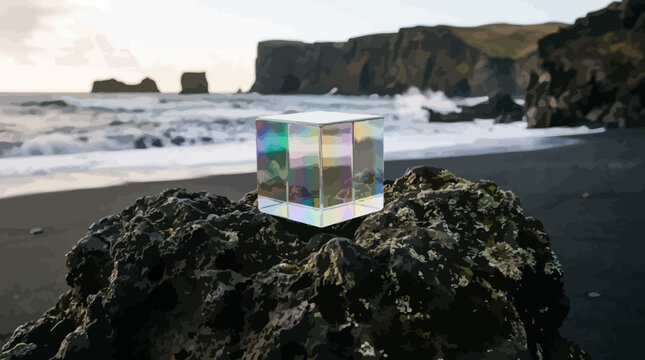 Holographic Cube on Rock Formation at Black Sand Beach for Futuristic Technology Concepts