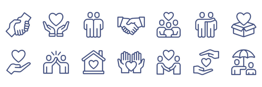 Care and Support Icon Set with Help, Assistance and Human Support Symbols Vector Graphic Illustration