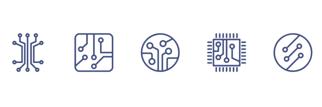 Circuit Board Icon Set with Electronic Chip, PCB Network and Technology Symbols Vector Graphic Illustration for Website, App, UI and Logo Design Template