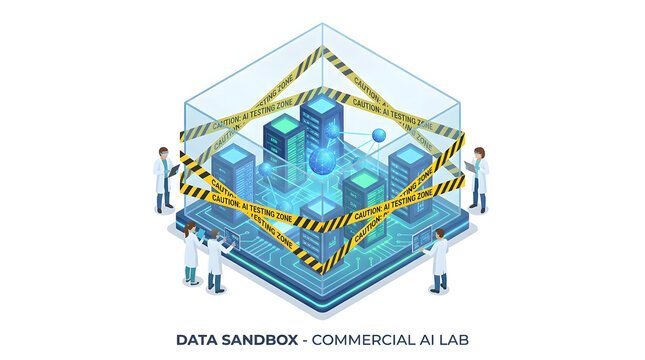 A conceptual illustration depicts a Data Sandbox - Commercial AI Lab with researchers in a secure, quarantined area surrounding a glowing server array.