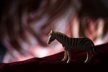Plastic toy zebra standing on a red carpet © VectorDot