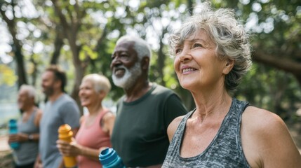 Fototapeta premium Diverse group of seniors enjoying outdoor exercise and healthy lifestyle together