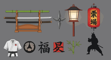 Obraz premium Martial arts equipment and symbols.