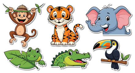 Obraz premium Cartoon animals in a row smiling.