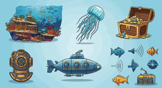 Colorful cartoon ocean treasure chest.