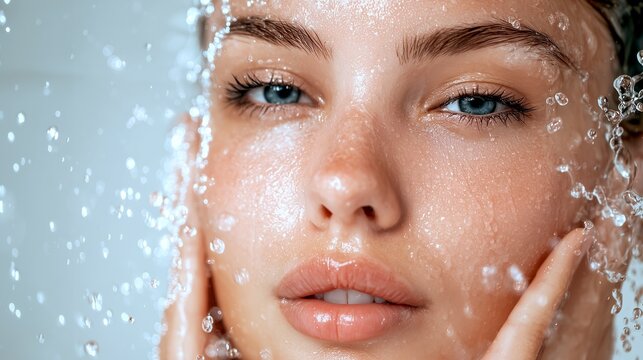 Stunning young woman with piercing blue eyes posing for this beautiful close-up portrait photograph while refreshing water splashes across her glowing and clean clear skin