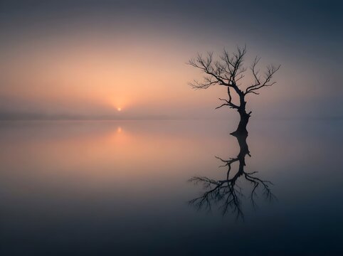 Serene landscape with a lone tree standing in calm water at sunset