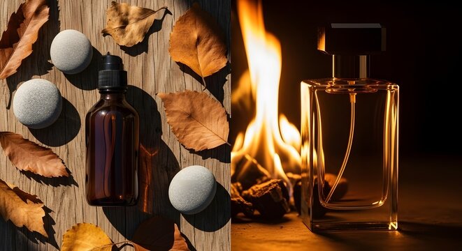 Amber glass dropper bottle and perfume bottle with autumn leaves and fire background