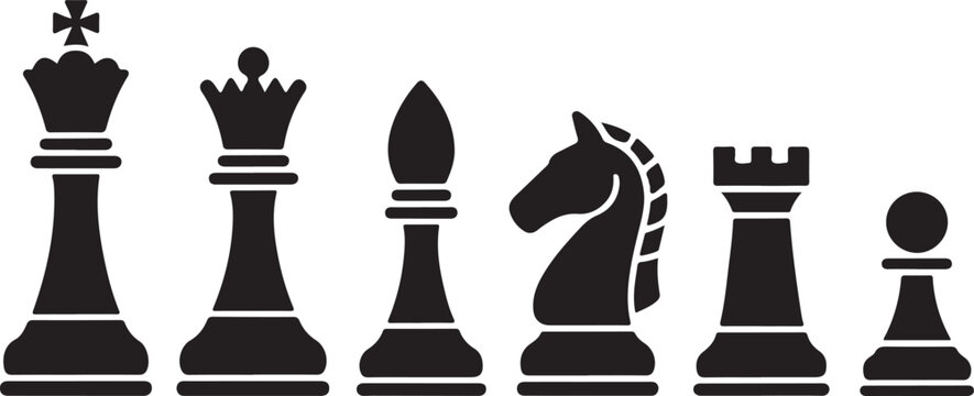Set of chess vector icons. Black silhouette with chess. King, queen, pawn, horse and rook