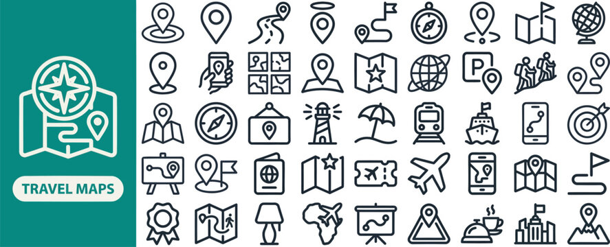 Travel Map and Tourism Destination outline icon set. Featuring globe, compass, passport, landmark, and luggage symbols. Editable stroke vector icons for tour operator website and trip planning app.