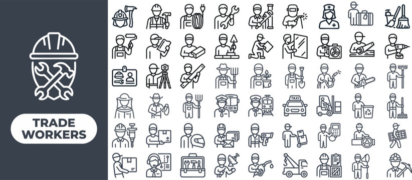Trade Worker and Skilled Craftsman outline icon set. Featuring plumber, electrician, welder, mechanic, and carpenter symbols. Editable stroke vector icons for vocational handyman service app.