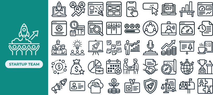Startup Team and Innovation Launch outline icon set. Featuring rocket, lightbulb, pitch deck, funding, and growth symbols. Editable stroke vector icons for venture capital accelerator app.