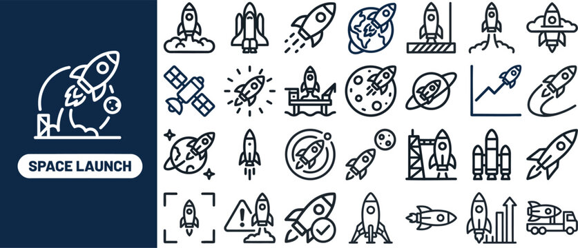 Space Launch and Rocket Mission outline icon set. Featuring rocket, astronaut, capsule, launch pad, and shuttle symbols. Editable stroke vector icons for aerospace and space tourism app.