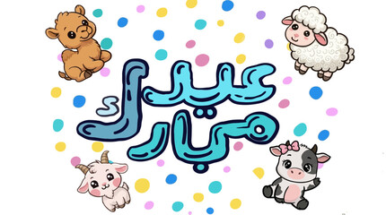 Obraz premium Eid Mubarak greeting card with cute animals and colorful dots