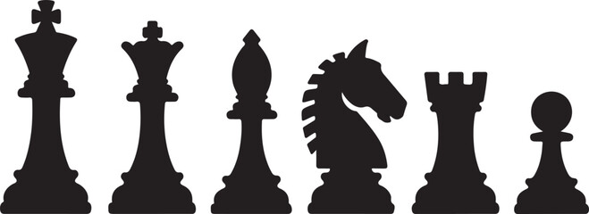 Set of chess vector icons. Black silhouette with chess. King, queen, pawn, horse and rook © Masud