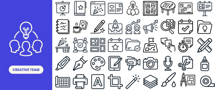 Creative Team and Design Brainstorm outline icon set. Featuring lightbulb, palette, pencil, idea, and inspiration symbols. Editable stroke vector icons for design studio and creative agency.