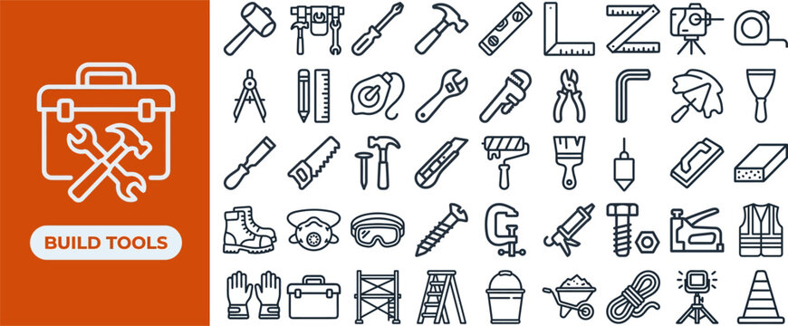 Build Tools and Carpentry Equipment outline icon set. Featuring hammer, wrench, drill, saw, and screwdriver symbols. Editable stroke vector icons for hardware store catalog and DIY repair app.