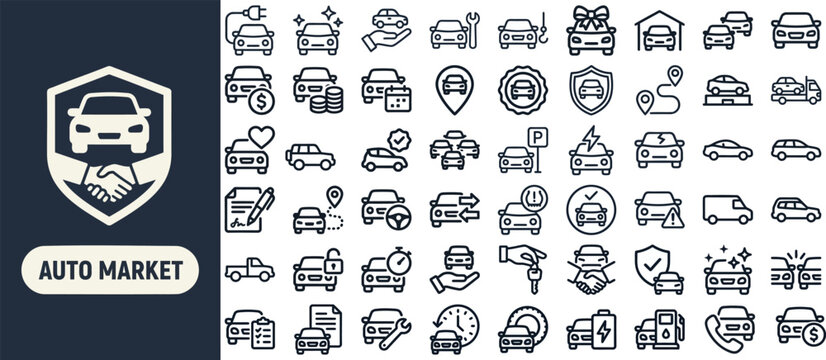 Auto Market and Car Dealership outline icon set. Featuring sedan, SUV, truck, key, and contract symbols. Editable stroke vector icons for vehicle showroom website and used car marketplace.