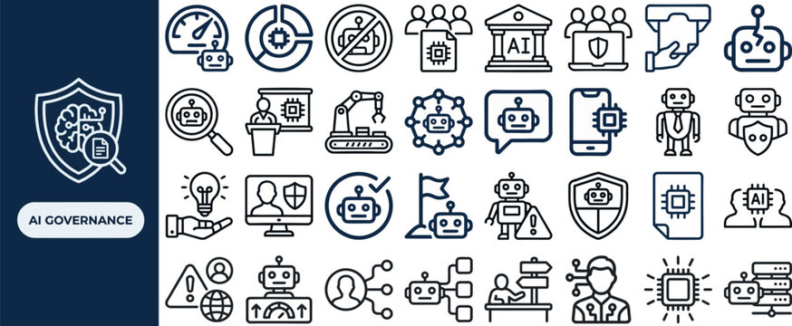 AI Governance and Machine Learning Ethics outline icon set. Featuring algorithm, neural network, privacy, compliance, and robot symbols. Editable stroke vector icons for AI policy app.