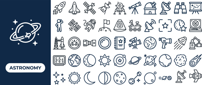 Astronomy and Space Exploration outline icon set. Featuring planet, telescope, satellite, galaxy, and rocket symbols. Editable stroke vector icons for science education website and stargazing app.