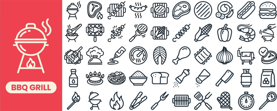 BBQ Grill and Barbecue Party outline icon set. Featuring steak, sausage, skewer, tongs, and fire symbols. Editable stroke vector icons for outdoor cooking blog and grill restaurant menu.