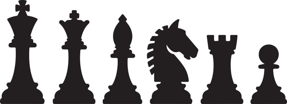 Set of chess vector icons. Black silhouette with chess. King, queen, pawn, horse and rook